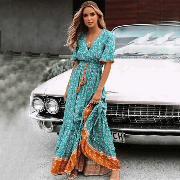 Bohemian maxi dress - a free-spirited and flowing dress with bohemian-inspired prints and design, perfect for a relaxed and chic look."