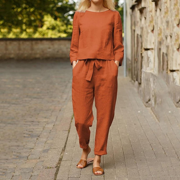 Women's long sleeve loose pants - comfortable and casual ensemble featuring loose-fitting pants and long-sleeve top for relaxed style