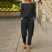 Women's long sleeve loose pants - comfortable and casual ensemble featuring loose-fitting pants and long-sleeve top for relaxed style