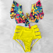 Sexy floral bikini set - a sultry and stylish two-piece ensemble featuring a bikini top and bottom adorned with vibrant floral patterns, perfect for a seductive beach look.