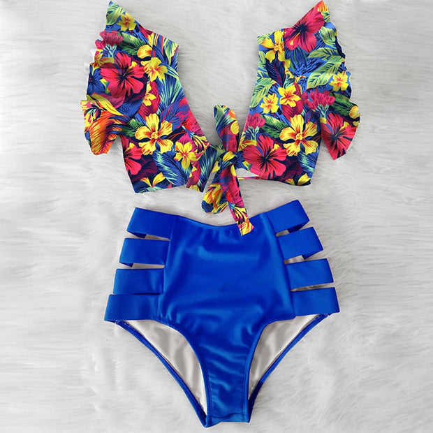 Sexy floral bikini set - a sultry and stylish two-piece ensemble featuring a bikini top and bottom adorned with vibrant floral patterns, perfect for a seductive beach look.