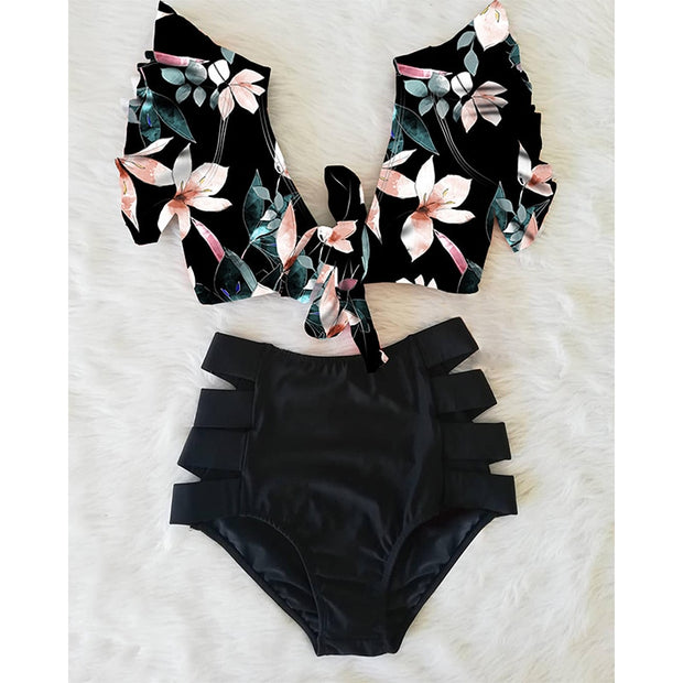 Sexy floral bikini set - a sultry and stylish two-piece ensemble featuring a bikini top and bottom adorned with vibrant floral patterns, perfect for a seductive beach look.