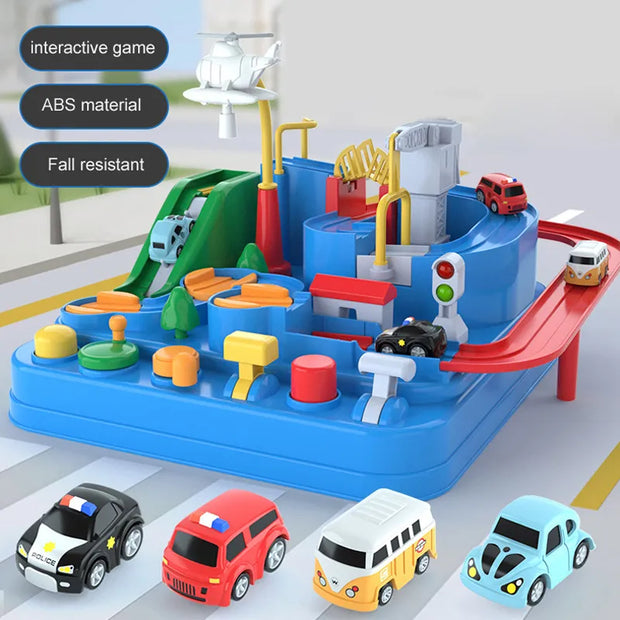 "Experience the thrill of the racetrack with our Interactive Racing Rail Car Toy! Watch as cars zoom around bends and loops, providing endless excitement for young racers."