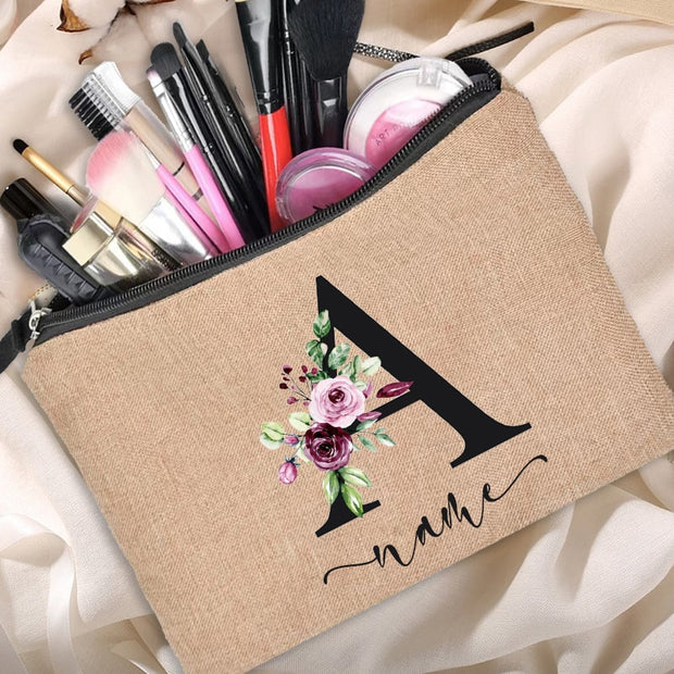 Custom name linen cosmetic bag, personalized with your chosen name or text. Made from high-quality linen material, perfect for storing and organizing your cosmetics with style.