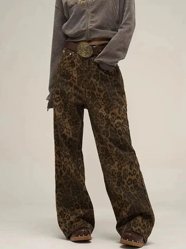 Leopard Print Wide Leg Jeans: Make a statement with these fierce and fashionable wide leg jeans featuring a bold leopard print pattern. Elevate your style with this eye-catching denim essential.