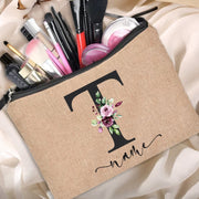 Custom name linen cosmetic bag, personalized with your chosen name or text. Made from high-quality linen material, perfect for storing and organizing your cosmetics with style.