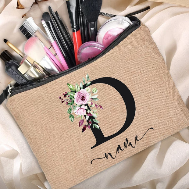 Custom name linen cosmetic bag, personalized with your chosen name or text. Made from high-quality linen material, perfect for storing and organizing your cosmetics with style.