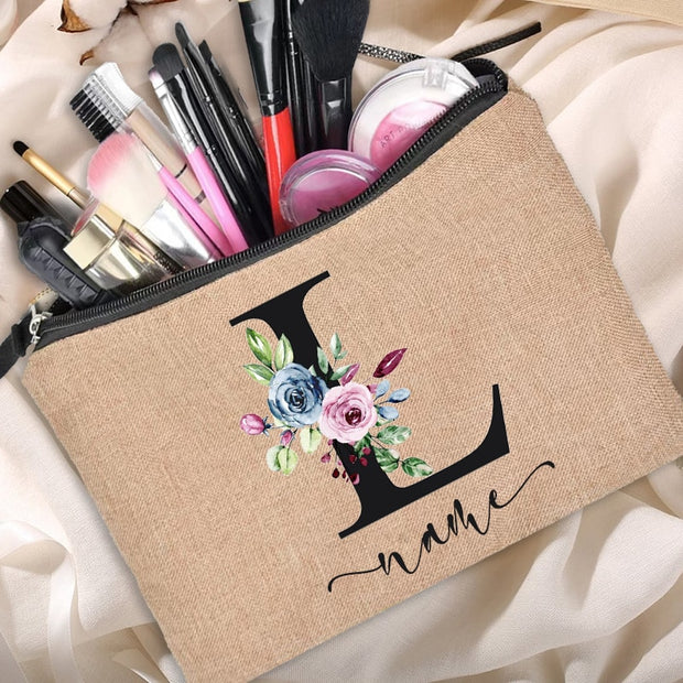 Custom name linen cosmetic bag, personalized with your chosen name or text. Made from high-quality linen material, perfect for storing and organizing your cosmetics with style.