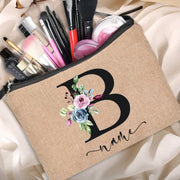 Custom name linen cosmetic bag, personalized with your chosen name or text. Made from high-quality linen material, perfect for storing and organizing your cosmetics with style.