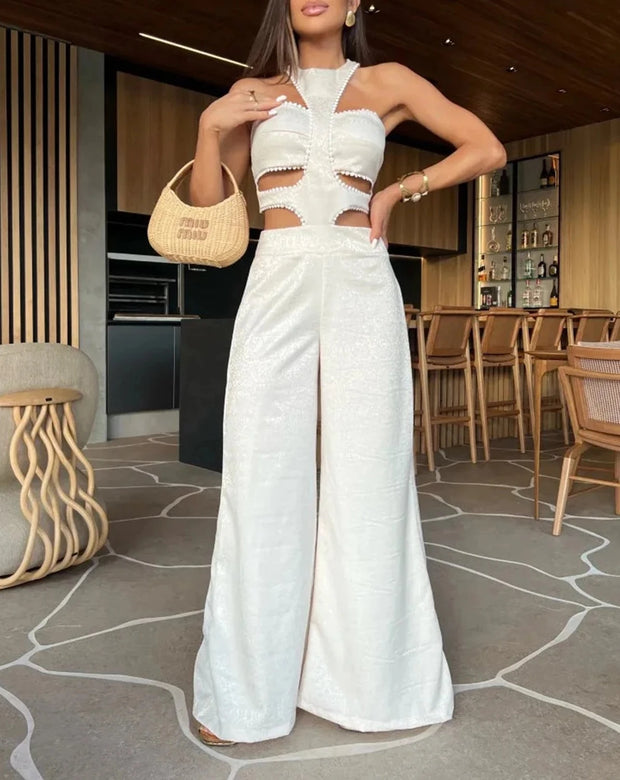 White backless sleeveless jumpsuit - a stunning and elegant one-piece outfit with a backless design, perfect for chic and sophisticated looks.