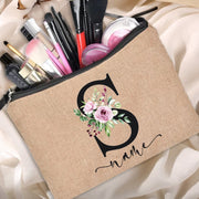 Custom name linen cosmetic bag, personalized with your chosen name or text. Made from high-quality linen material, perfect for storing and organizing your cosmetics with style.