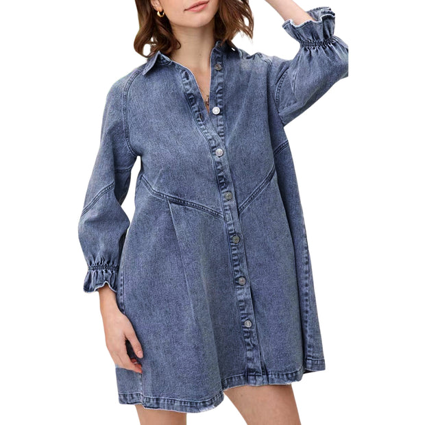 Lantern Sleeve Denim Dress - Sara closet