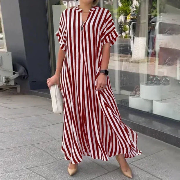 Striped V-neck maxi dress - a stylish and versatile dress featuring a flattering V-neckline and striped pattern, perfect for a chic and effortless look.