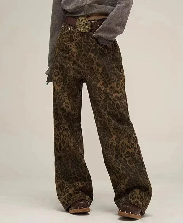 Leopard Print Wide Leg Jeans: Make a statement with these fierce and fashionable wide leg jeans featuring a bold leopard print pattern. Elevate your style with this eye-catching denim essential.