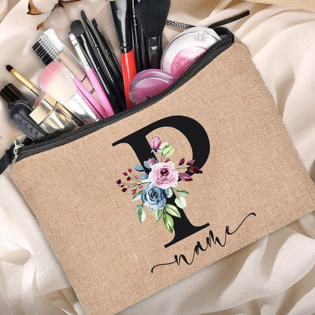 Custom name linen cosmetic bag, personalized with your chosen name or text. Made from high-quality linen material, perfect for storing and organizing your cosmetics with style.