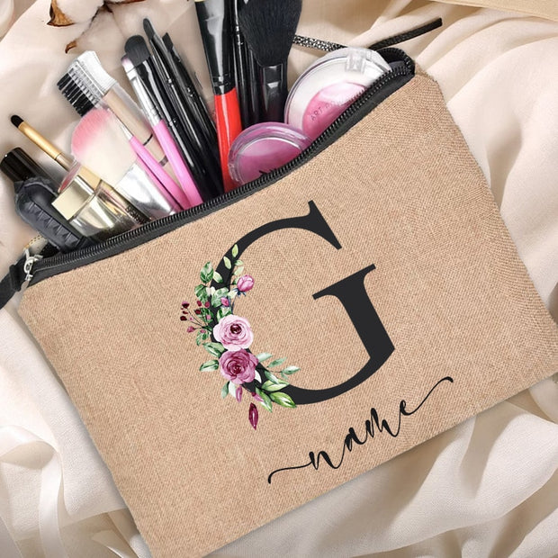 Custom name linen cosmetic bag, personalized with your chosen name or text. Made from high-quality linen material, perfect for storing and organizing your cosmetics with style.