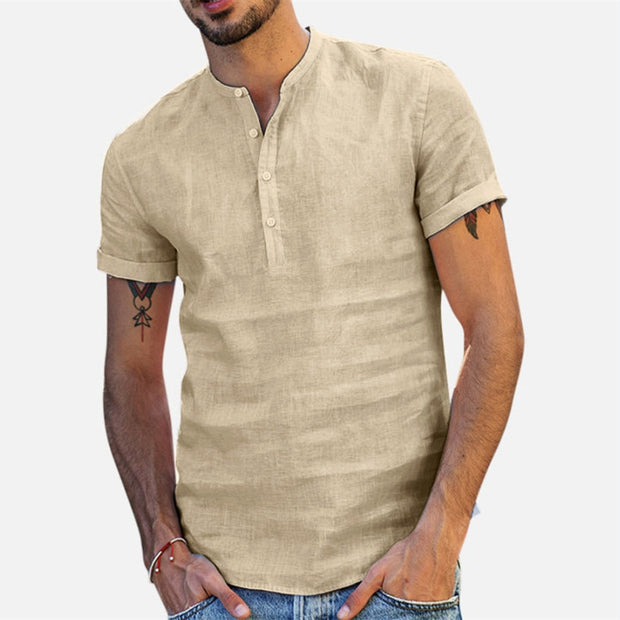 Linen Standing Collar Shirt - Classic and Elegant Design for Timeless Style.