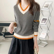 V-Neck Houndstooth Sweater For Women - Sara closet