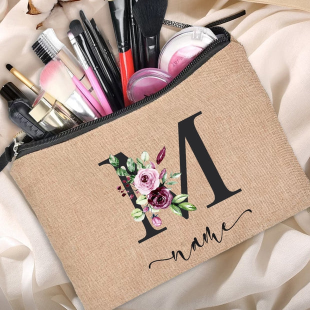 Custom name linen cosmetic bag, personalized with your chosen name or text. Made from high-quality linen material, perfect for storing and organizing your cosmetics with style.