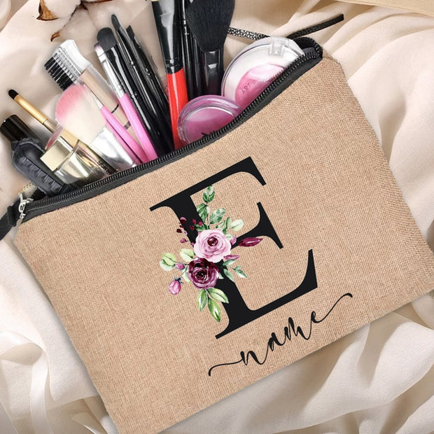 Custom name linen cosmetic bag, personalized with your chosen name or text. Made from high-quality linen material, perfect for storing and organizing your cosmetics with style.