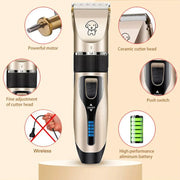 The Cordless Rechargeable Clippers Set offers professional pet grooming at your fingertips. This convenient set includes cordless clippers with rechargeable batteries, ensuring ease of use and mobility. Perfect for grooming sessions at home, it provides precision trimming for your beloved pet's coat with professional results.