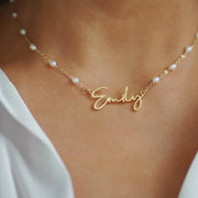 Custom Beaded Pearls Name Necklace: Unique jewelry featuring personalized name pendant on a delicate beaded pearl chain. Elevate your style.