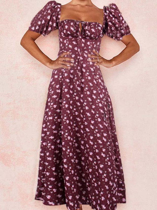 Floral print long dress, perfect for a romantic and feminine look. Features a flowing silhouette and vibrant floral pattern, ideal for summer weddings, garden parties, or special occasions.