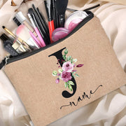 Custom name linen cosmetic bag, personalized with your chosen name or text. Made from high-quality linen material, perfect for storing and organizing your cosmetics with style.