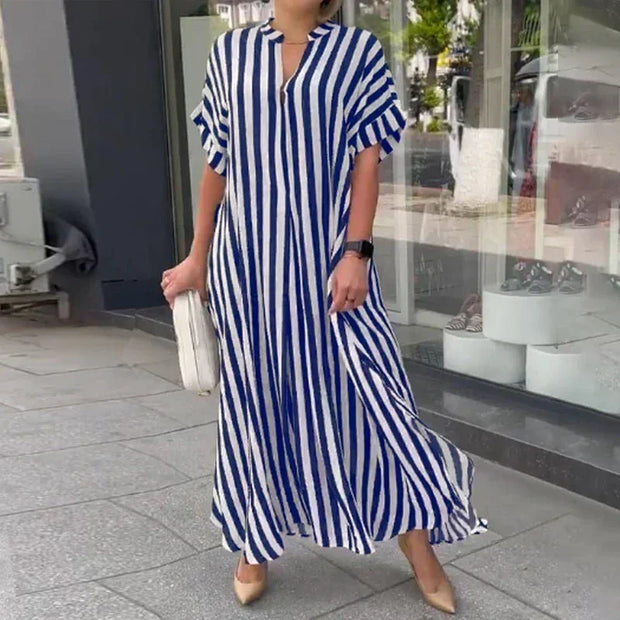 Striped V-neck maxi dress - a stylish and versatile dress featuring a flattering V-neckline and striped pattern, perfect for a chic and effortless look.