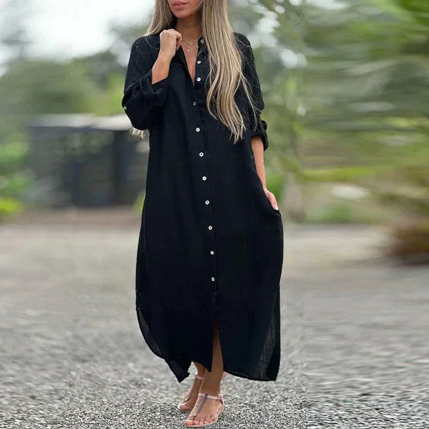 Casual cotton linen maxi dress, perfect for effortless summer style. Crafted from breathable materials, this dress offers comfort and versatility for casual outings or beach days.