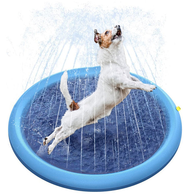 "Inflatable Pet Sprinkler Pool: Refreshing summer fun for your furry friend, providing cooling relief and playful splashes during hot days."