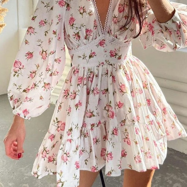 Women's Floral Puff Sleeve Short Dress - Sara closet