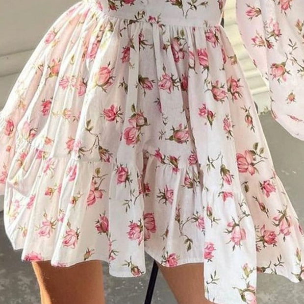 Women's Floral Puff Sleeve Short Dress - Sara closet