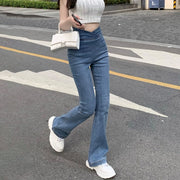 "High-waisted stretch flared jeans in classic denim with modern flair. Features high-rise waist, slight flare, and stretch fabric for comfort and style."