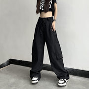 Gothic Punk Parachute Pants - High Waist, Polyester Material, Full Length, Loose Fit, Broadcloth Fabric, Slight Stretch, Pockets, Elastic Waist Closure.