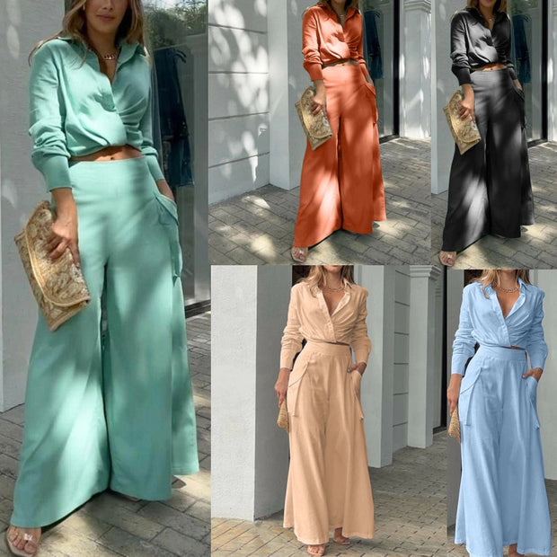 Wide leg streetwear piece suits - fashionable and comfortable two-piece ensembles with wide-leg pants, perfect for trendy street style looks.