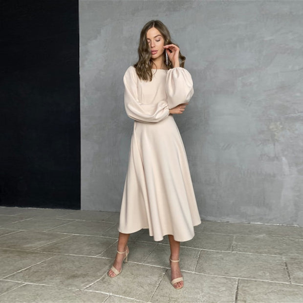 Chic Lantern Sleeve Midi Dress - Stylish and Sophisticated Formal Wear
